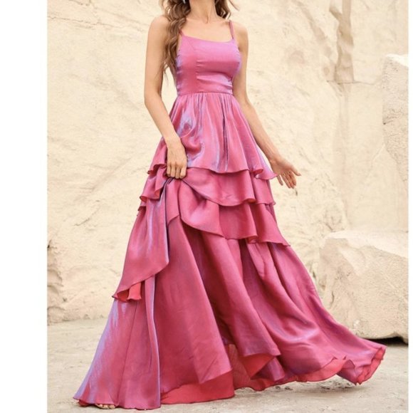 Rose Red Party Layer Hem Chiffon Cami Dress - Picture 1 of 5